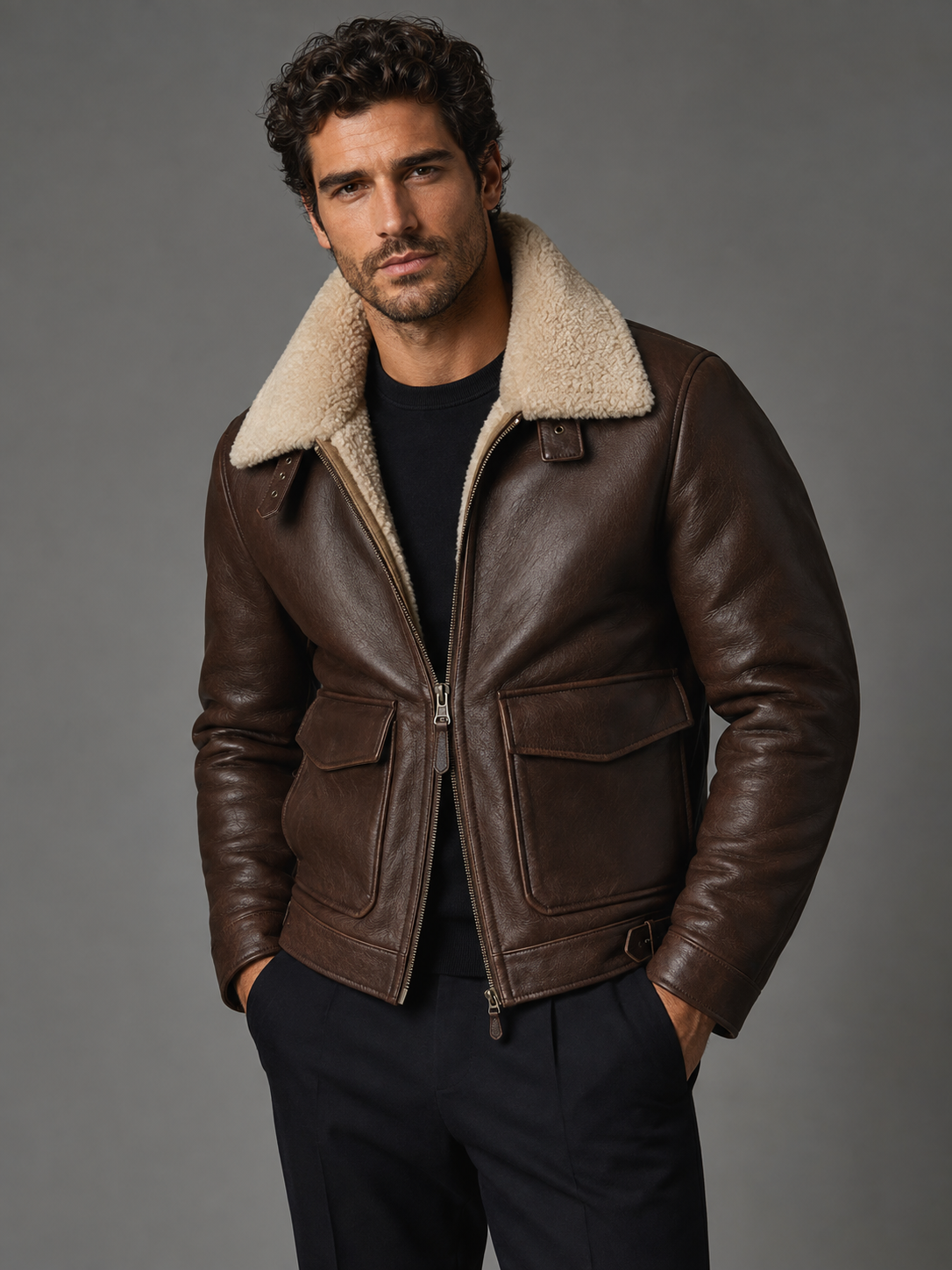 Faux-Fur Collar Aviator Jacket