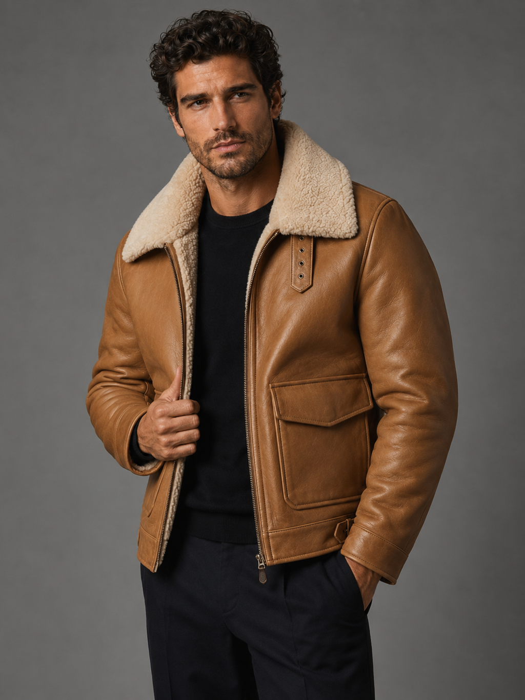Faux-Fur Collar Aviator Jacket