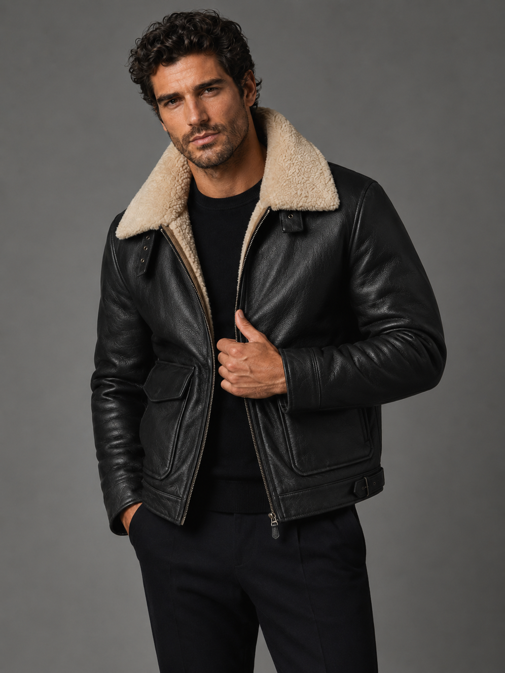 Faux-Fur Collar Aviator Jacket
